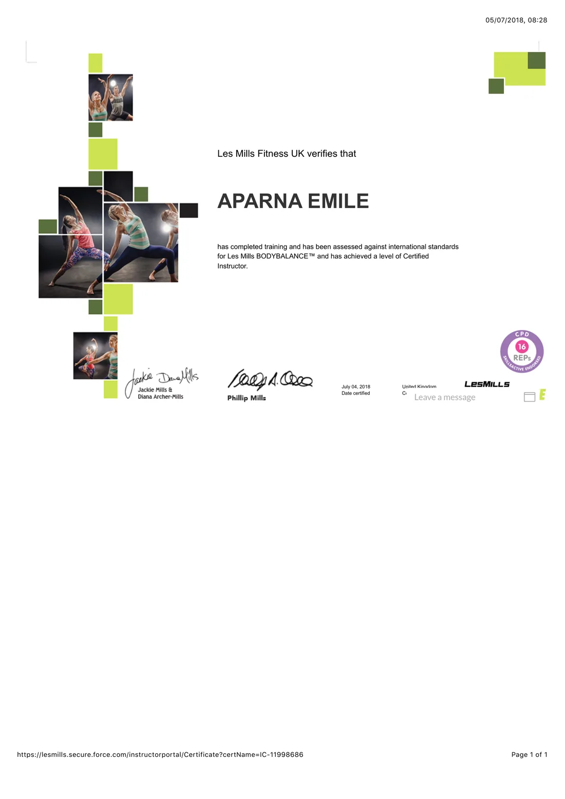 Les Mills BodyBalance Certified Instructor certificate — Aparna Emile