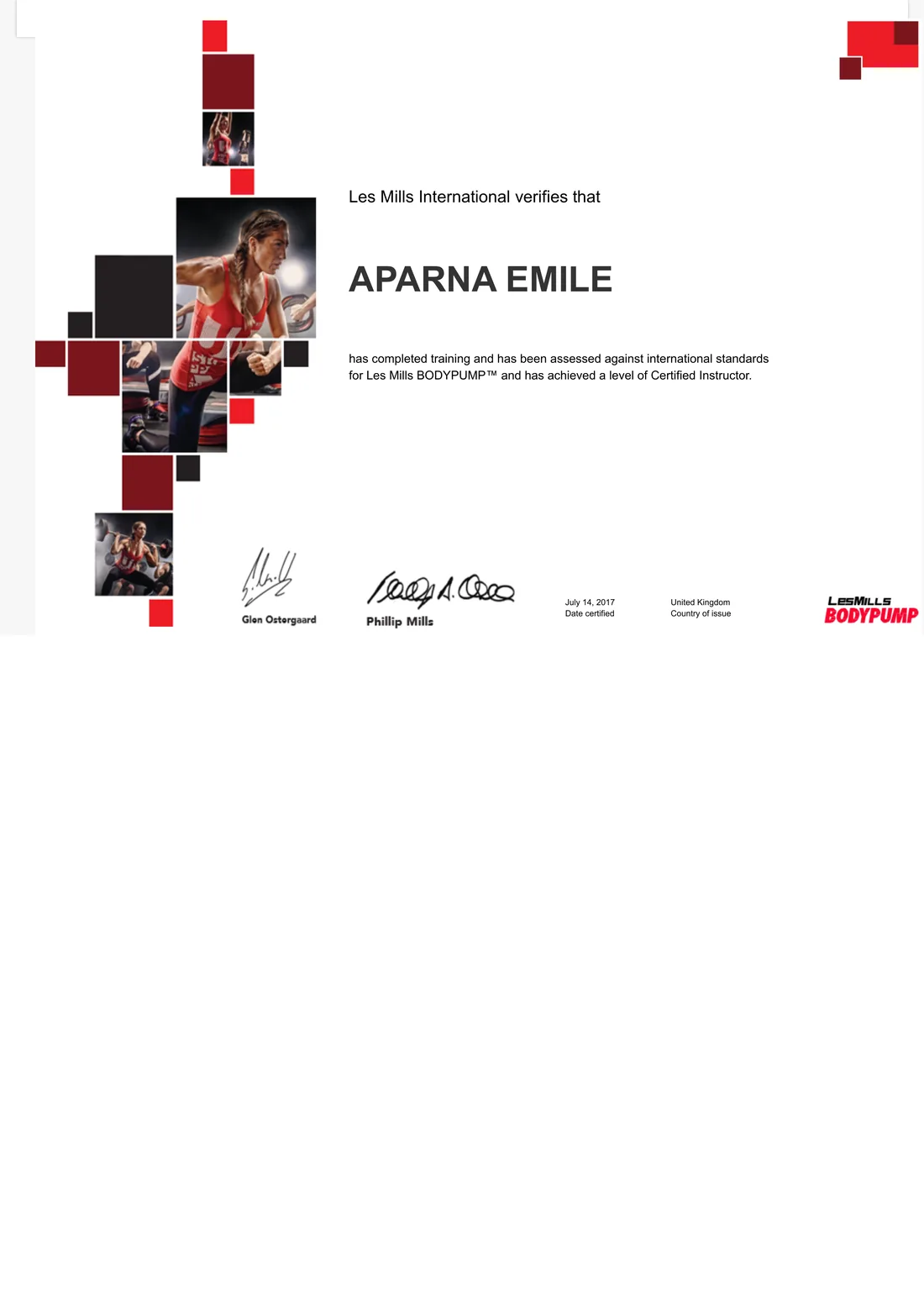 Les Mills BodyPump Certified Instructor certificate — Aparna Emile