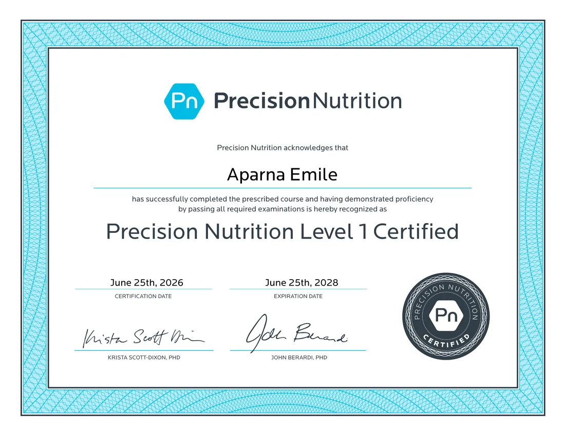 Precision Nutrition Level 1 certificate — Aparna Emile