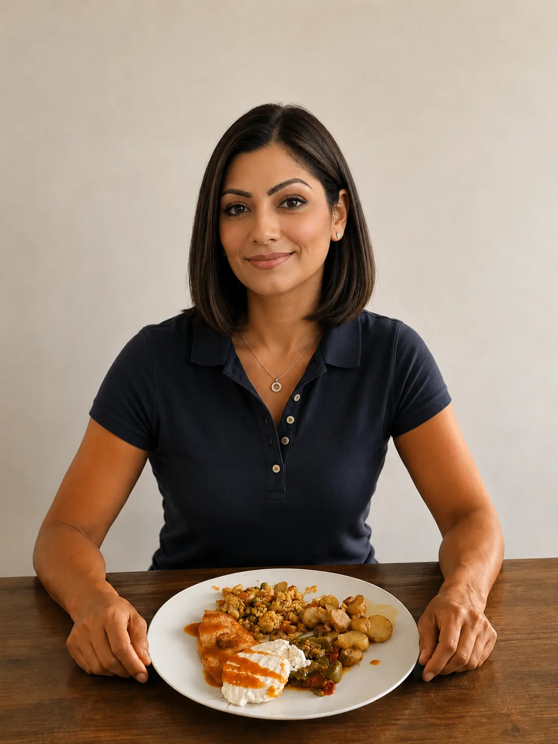 Aparna Emile with a balanced, protein-anchored plate — BusiFit nutrition coaching